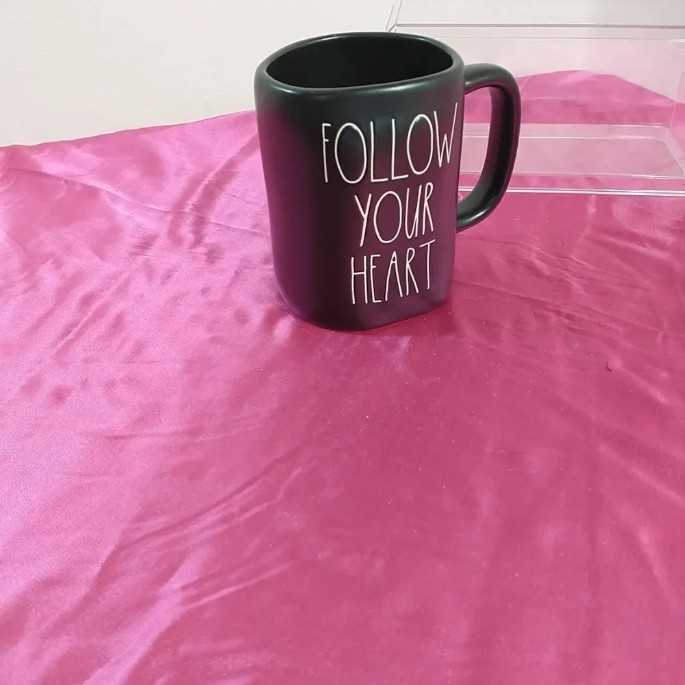 Rae Dunn Follow Your Heart Mug Matte Black Long White Writing. Condition is New